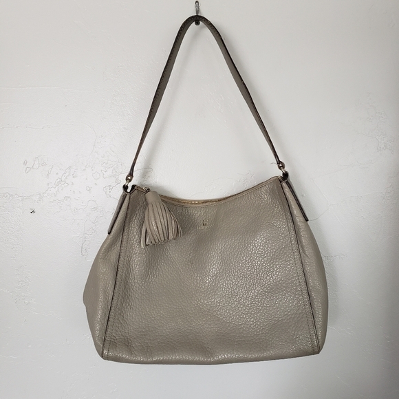 Kate Spade Grey Leather Bag Purse Tassel Zipper Pull Designer Fashion Tote - Picture 1 of 12